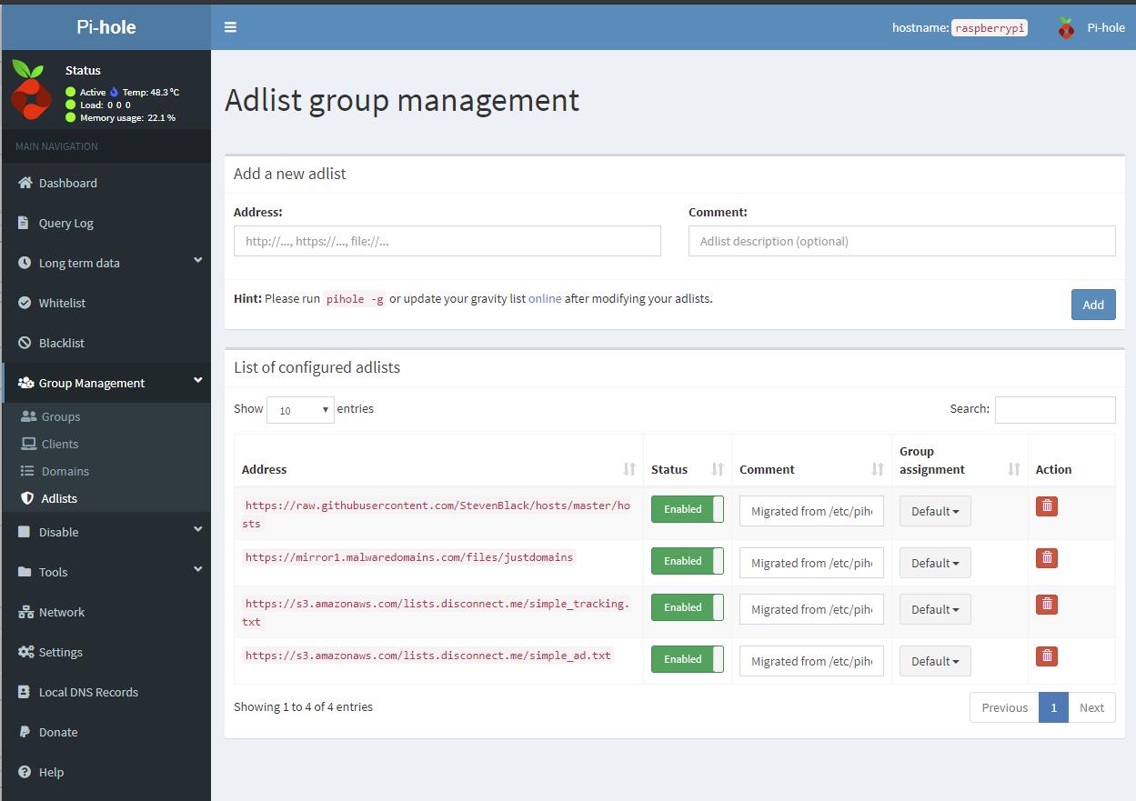 add adlist on pihole