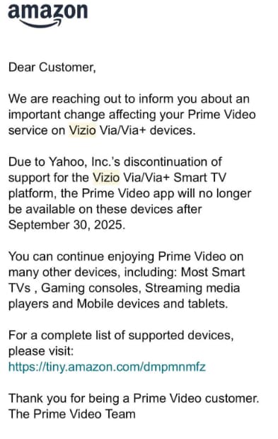 amazon stops supporting vizio via and plus models