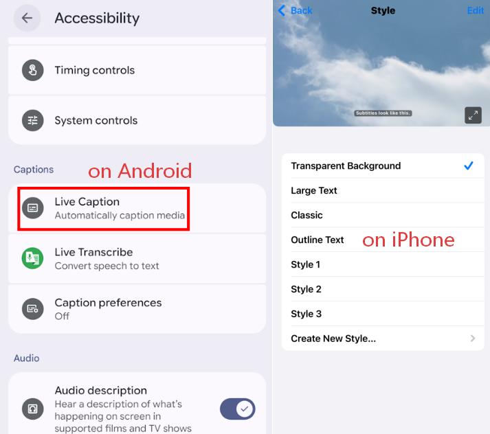 built in subtitle feature on android and iphone