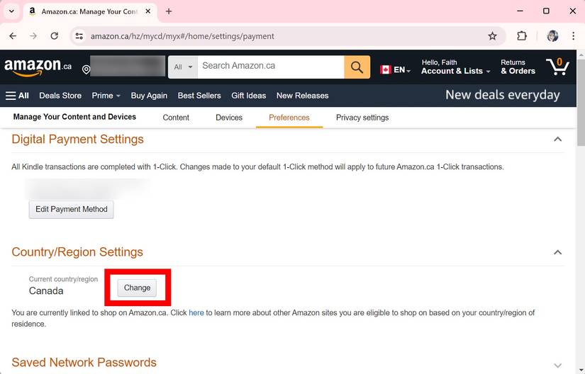 change amazon country region settings