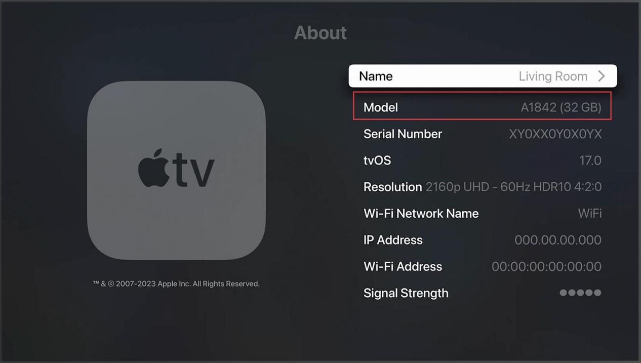 check apple tv model info