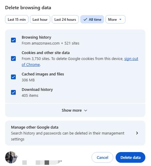 delete browsing data in chrome