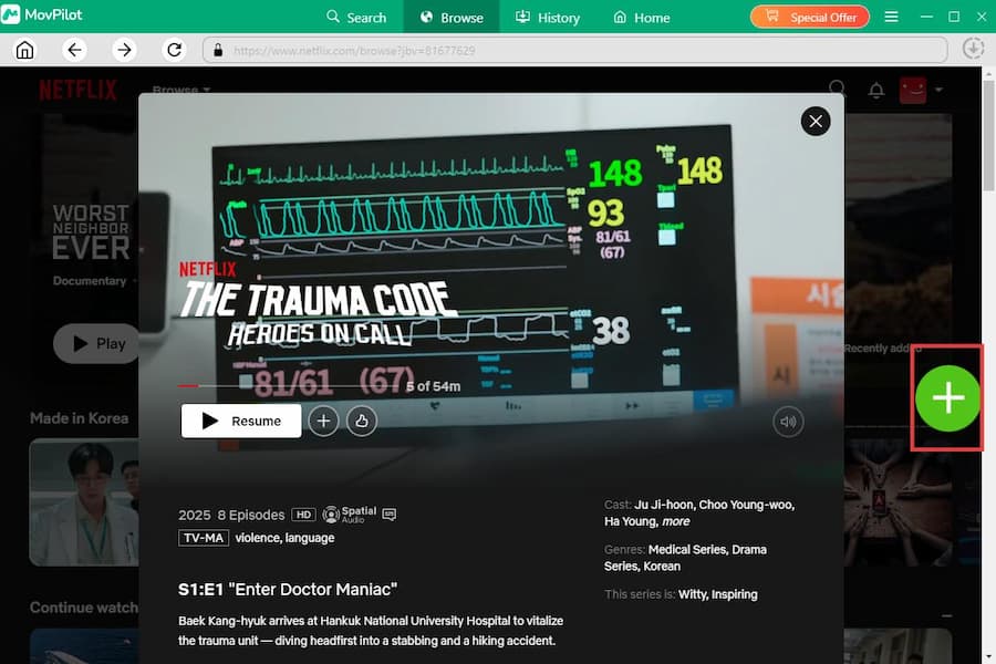 MovPilot Netflix browser showing The Trauma Code detail page