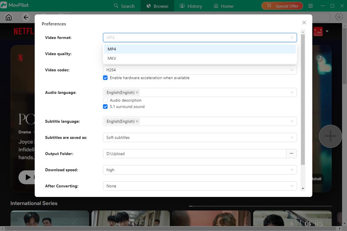 MovPilot Preferences window with format, codec, audio, and subtitle settings