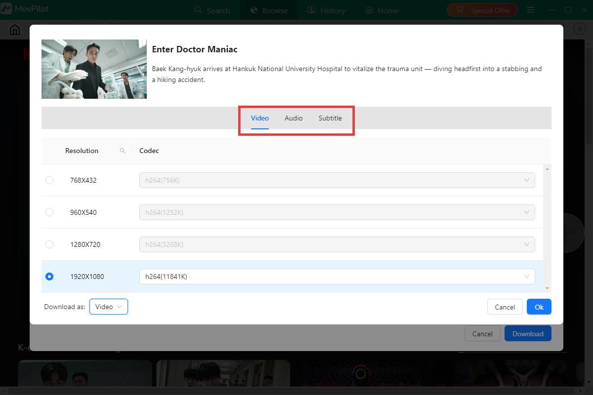 MovPilot video resolution settings with 1080p H.264 selected