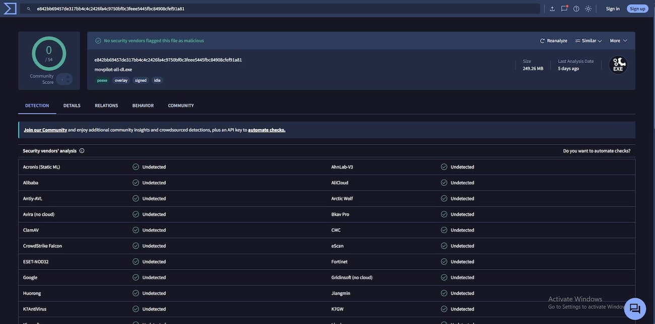 VirusTotal scan result for MovPilot installer showing zero detections