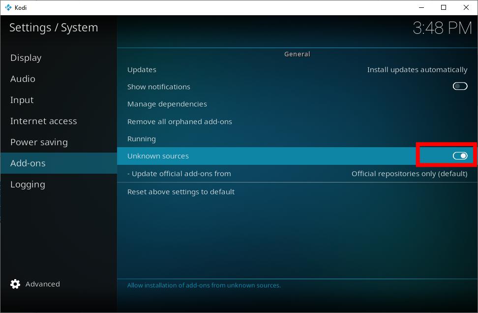 Enable unknown sources on Kodi