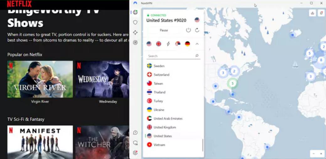 NordVPN connected to US server, Netflix library loaded successfully
