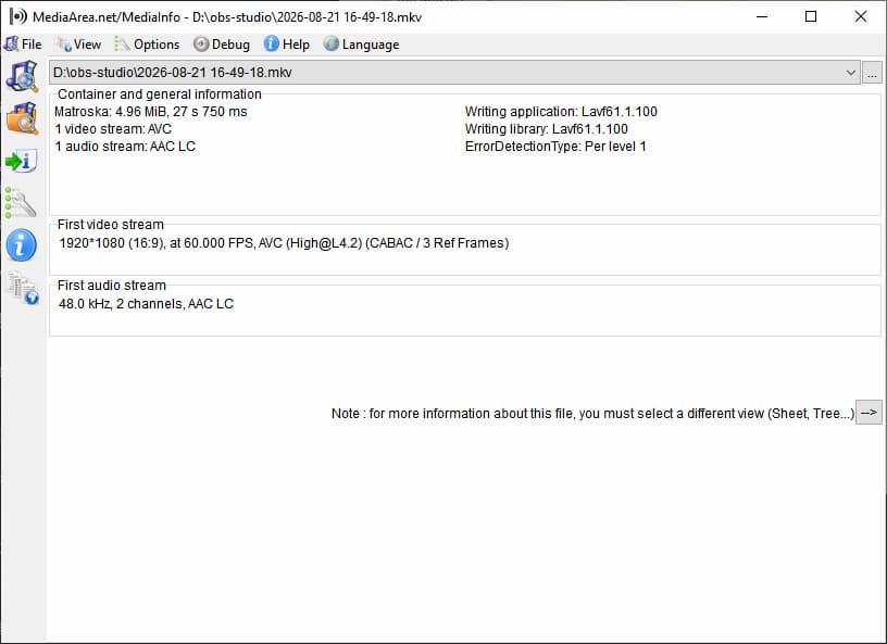 obs capture output result in mediainfo