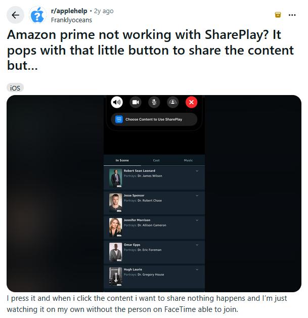 Reddit report: Prime Video SharePlay not working on FaceTime