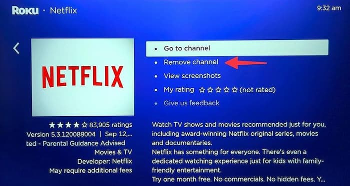remove netflix channel on roku tv