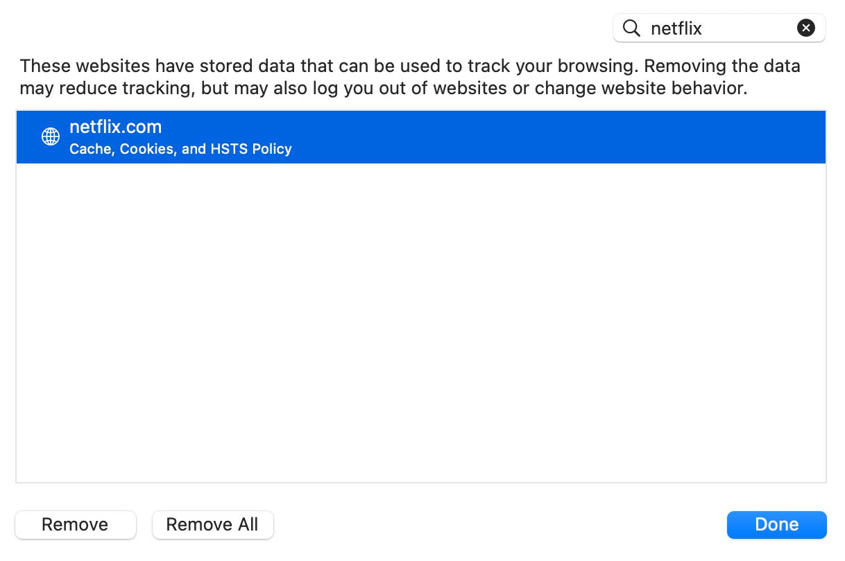 remove netflix data in safari