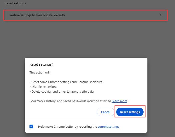 reset chrome to default settings