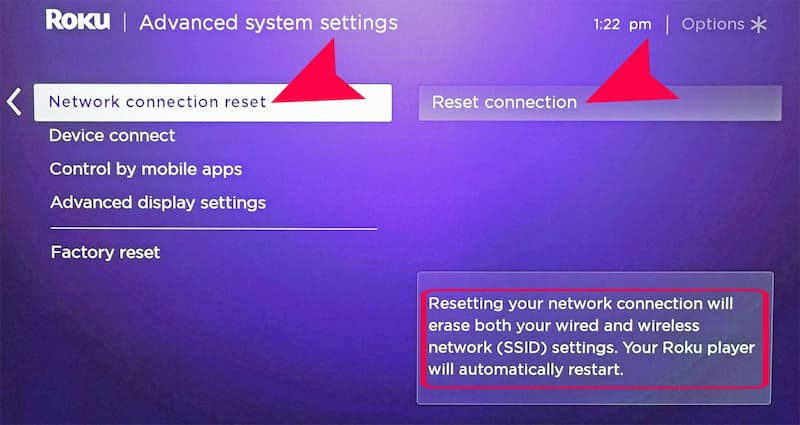 reset network connection on roku tv