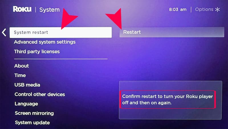 restart roku system