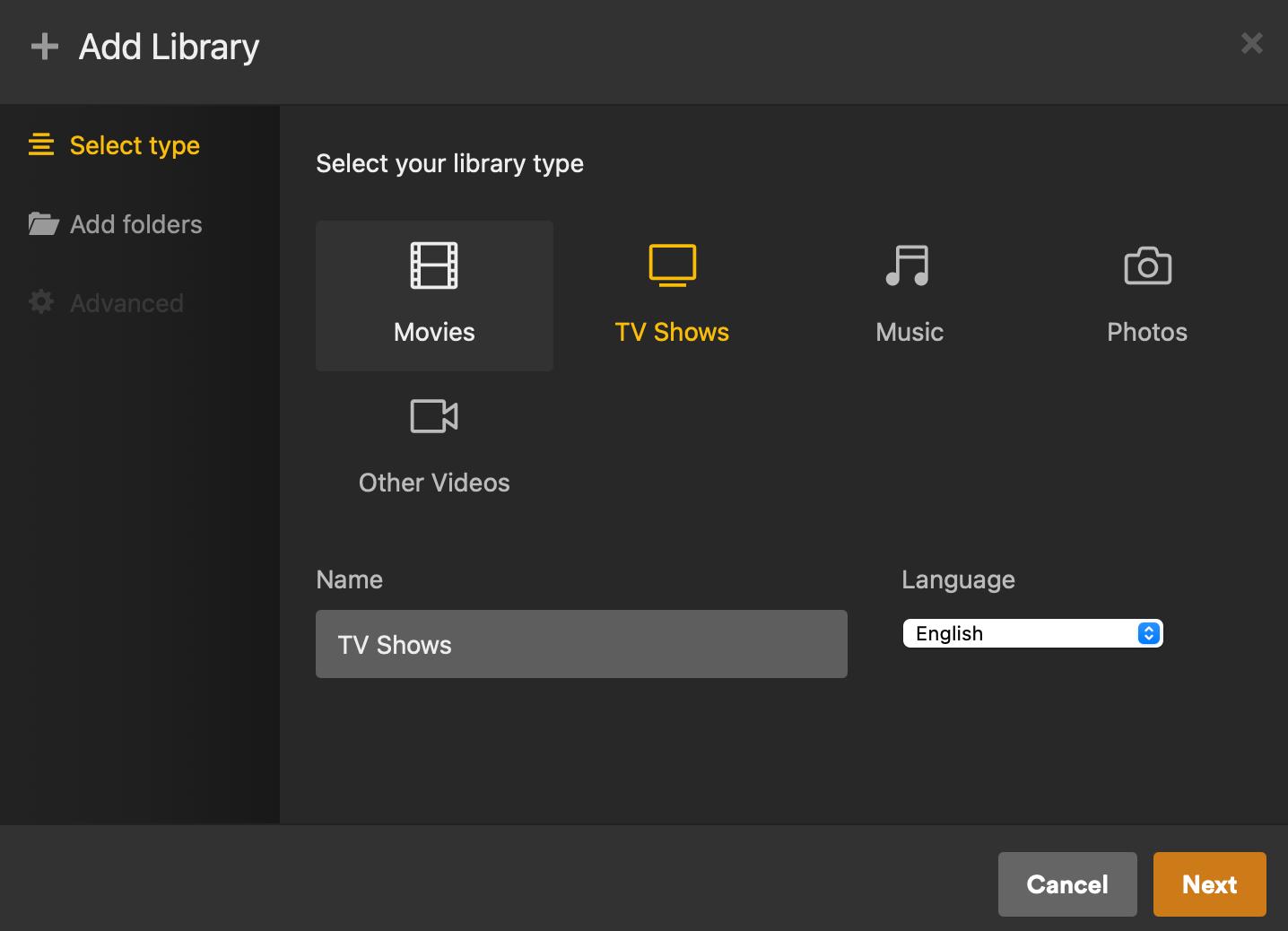 select your library type on plex