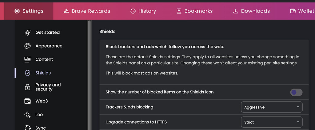 set brave browser ad blocking to aggressive