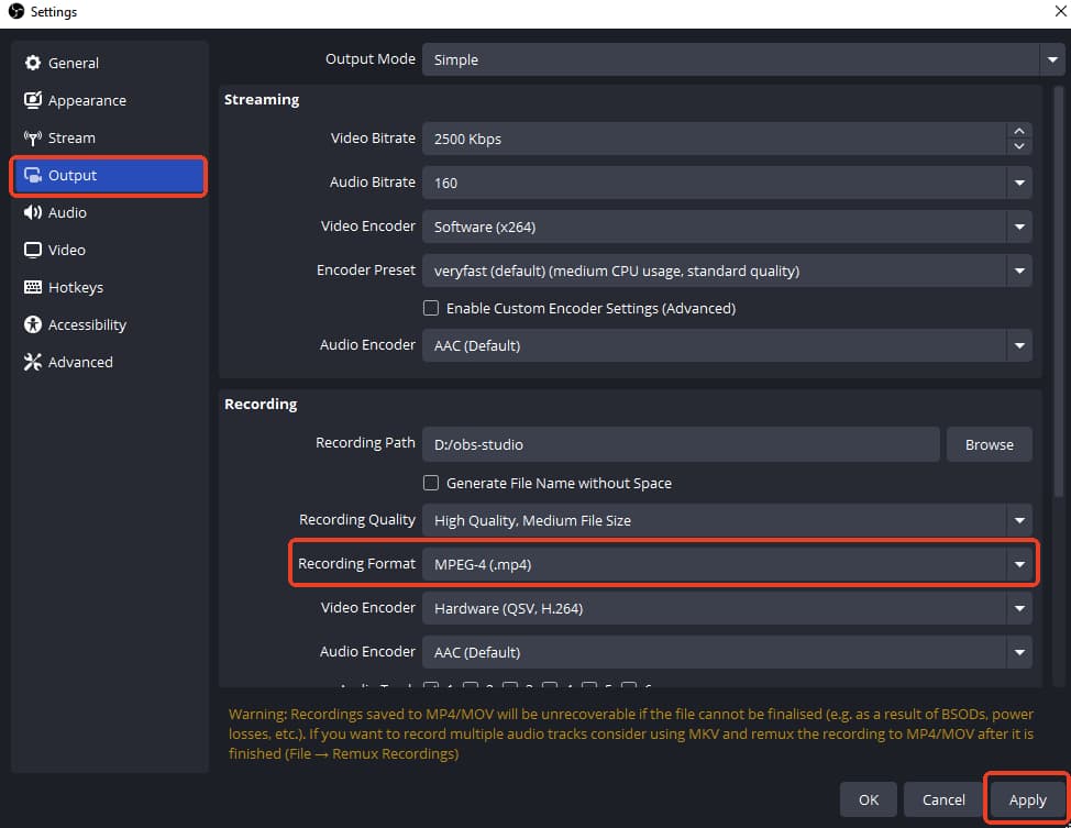 set obs output as mp4 for apple tv