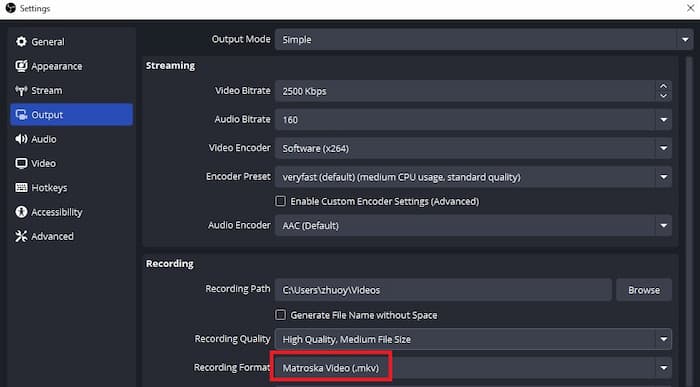 set-output to mkv in obs studio
