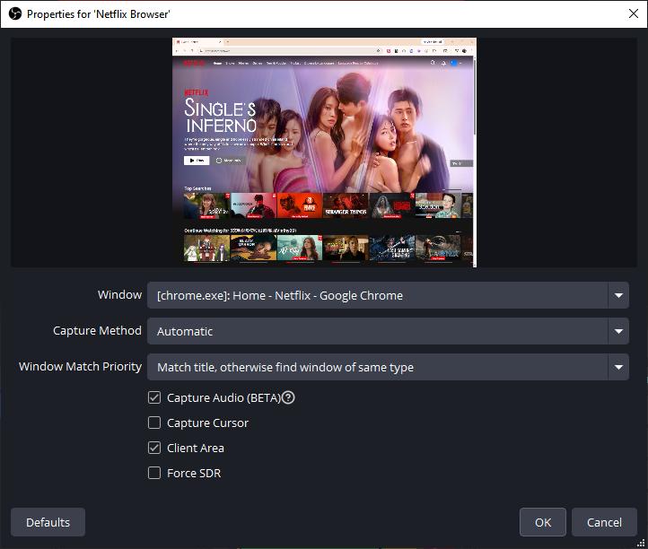 set properties for netflix browser recording
