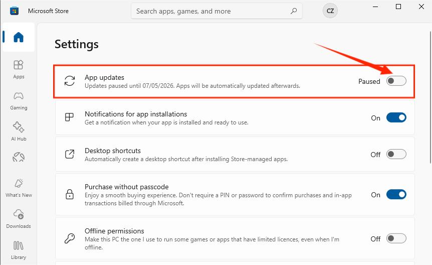 turn off microsoft app updates