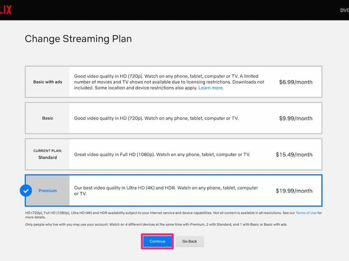 upgrade to netflix premium plan
