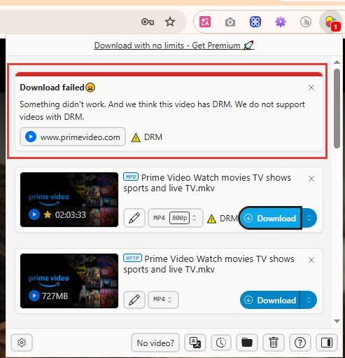 video downloadhelper failed on prime video download