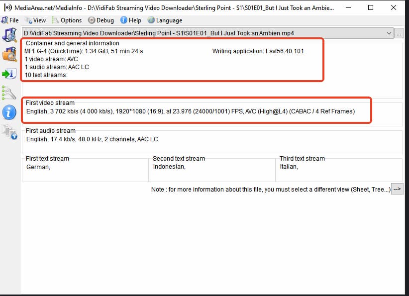 vidifab output result in mediainfo