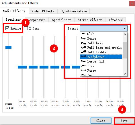 VLC audio effects with Headphones preset