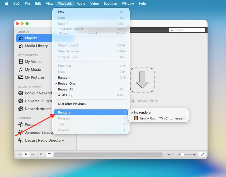VLC Renderer menu to cast video to Apple TV