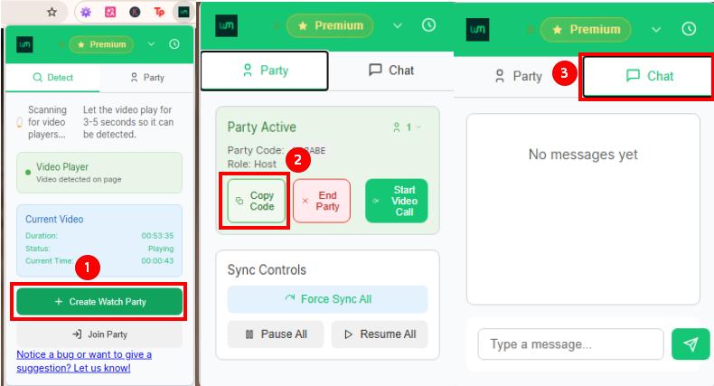 Create a WatchMates party and open the chat tab